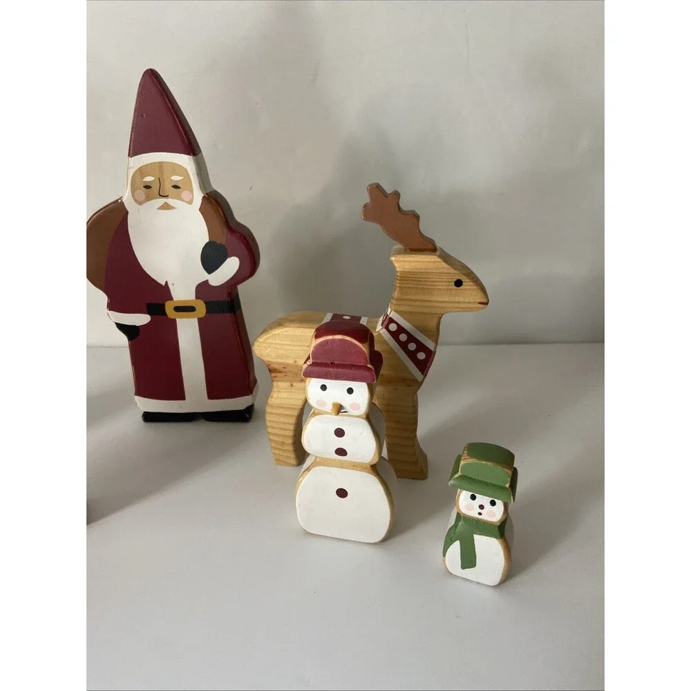 Pottery Barn Wood Santa Reindeer Snowman Forest Scene Figurine Set Christmas